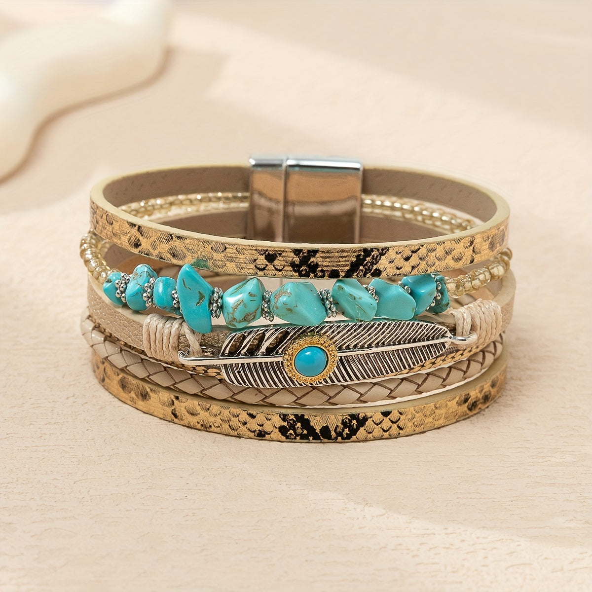 Pulseira Multilayer de Couro PU com Fecho Magnético Estilo Boho, Padrão Cobra, Vintage
