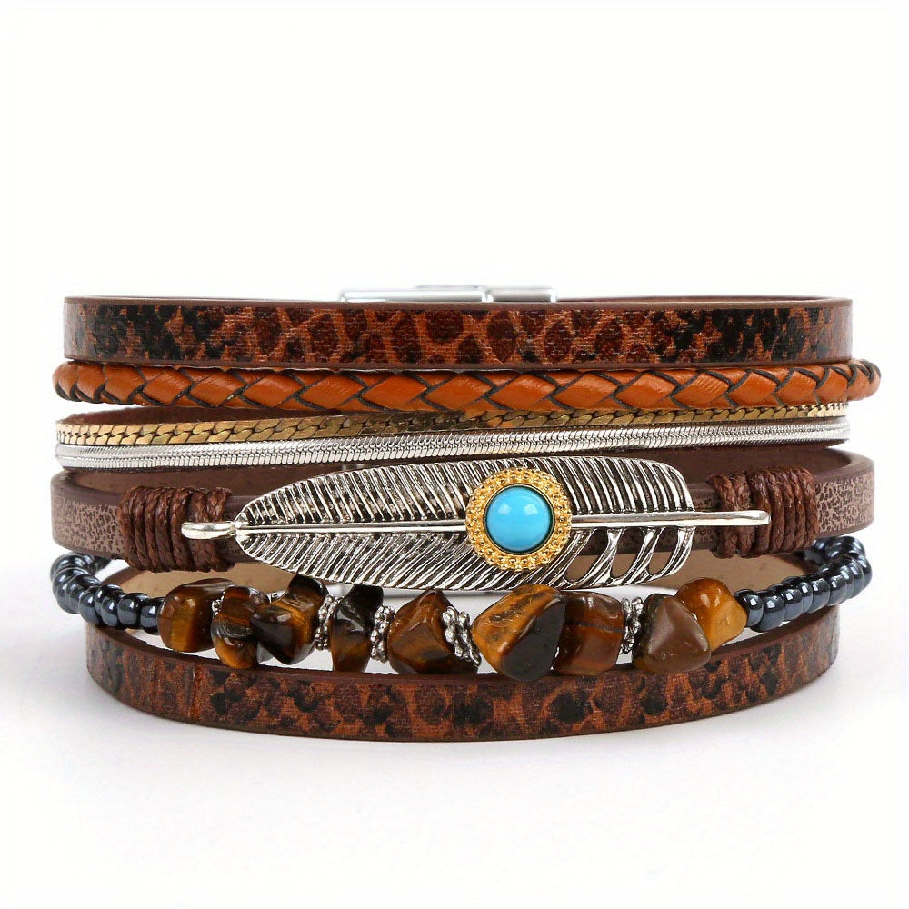 Pulseira Multilayer de Couro PU com Fecho Magnético Estilo Boho, Padrão Cobra, Vintage