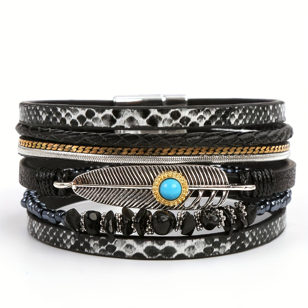 Pulseira Multilayer de Couro PU com Fecho Magnético Estilo Boho, Padrão Cobra, Vintage